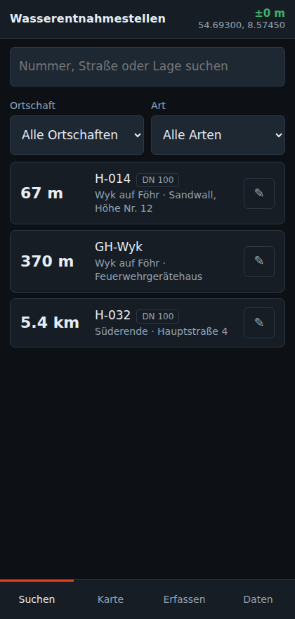 Liste mit Suchfeld und Entfernungsangabe